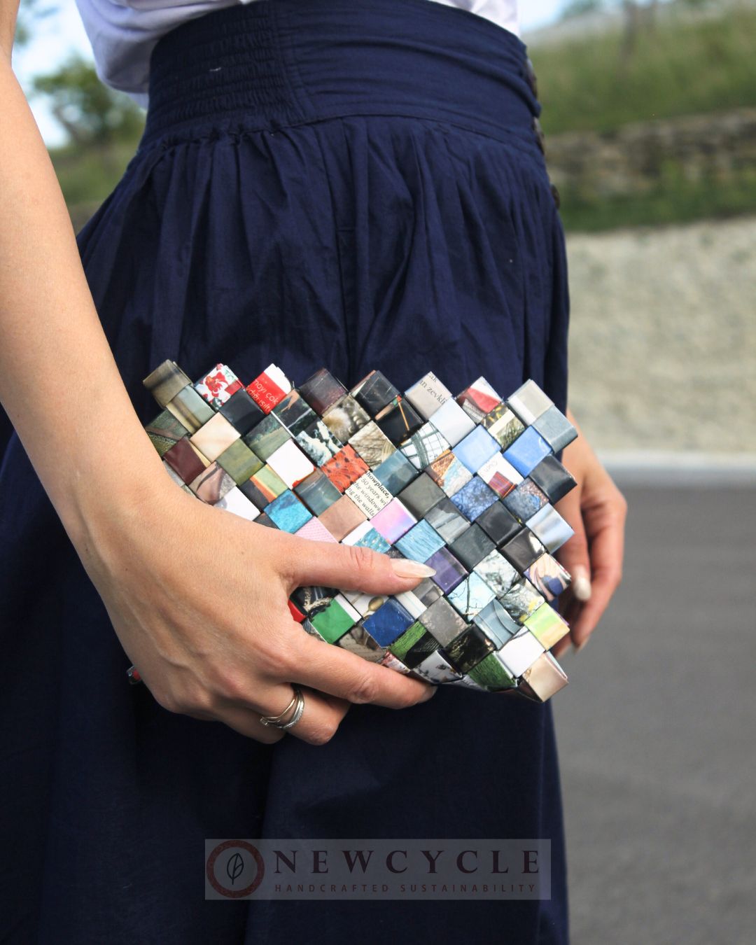 Compact Woven Clutch – Multicolor Mosaic Upcycled Handmade Purse