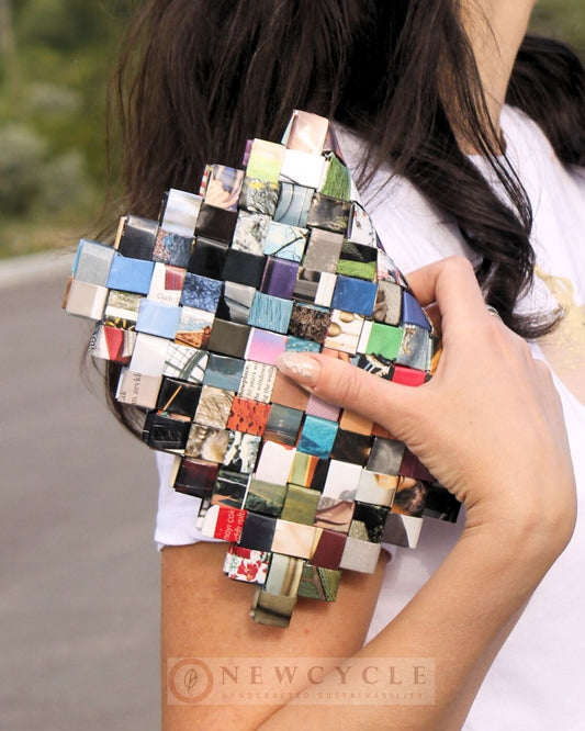 Compact Woven Clutch – Multicolor Mosaic Upcycled Handmade Purse