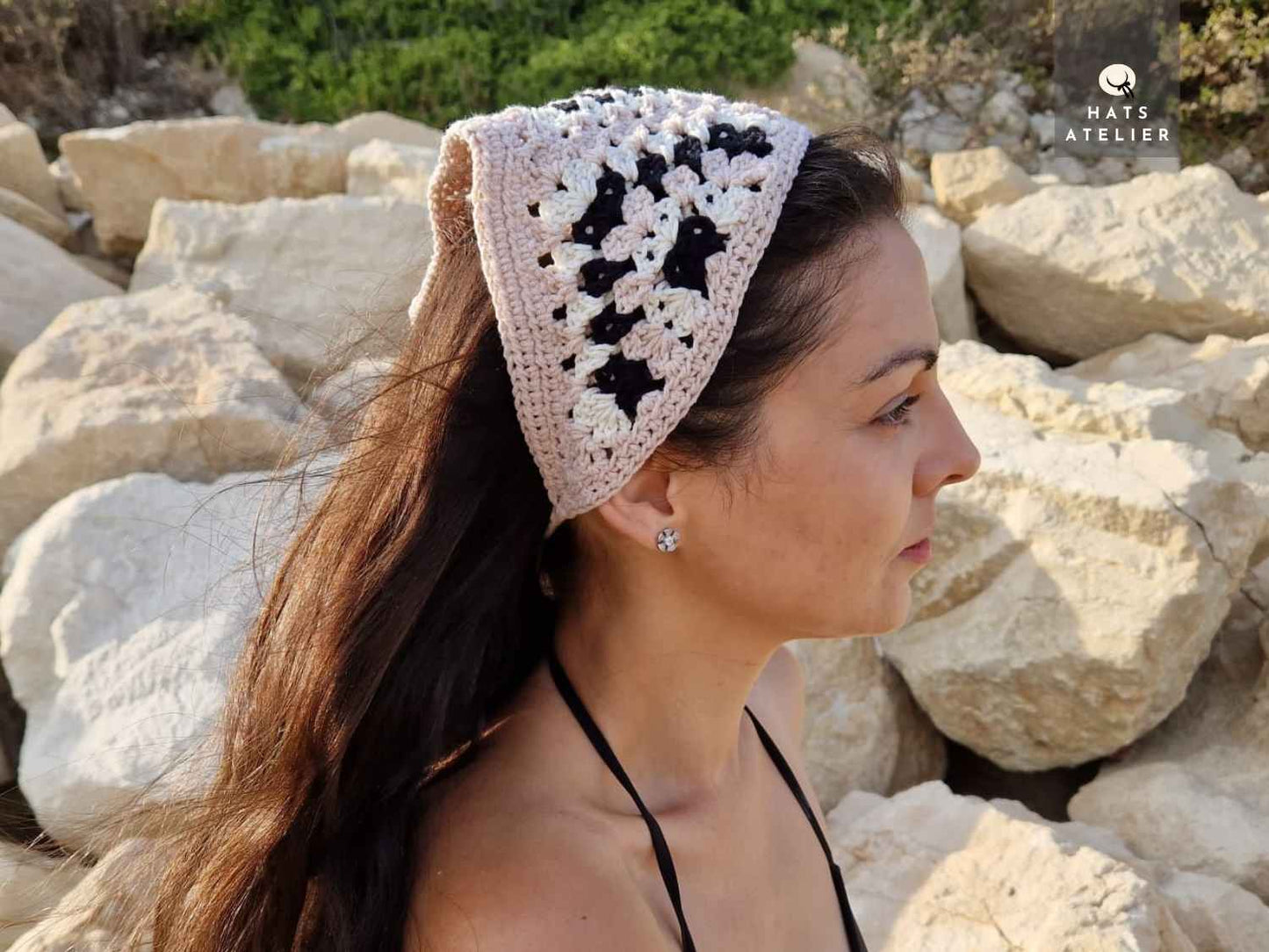 Crochet cotton boho bandana in nude pink and black with hand-crocheted design