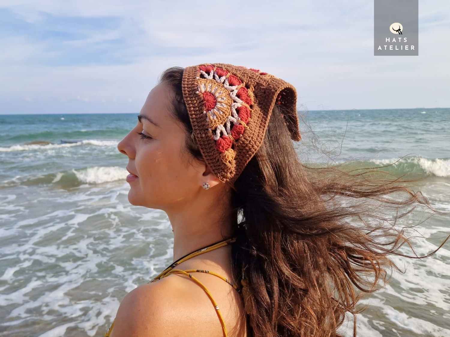 Crochet cotton boho bandana in terracotta and sand with handmade floral pattern
