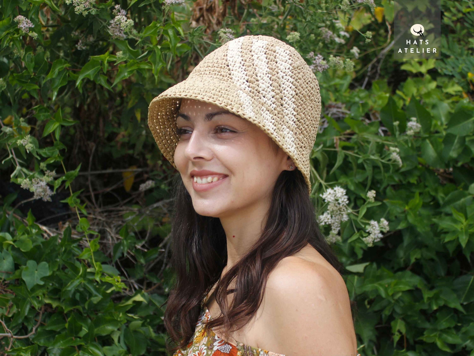 Crochet raffia bucket hat made from 100% natural straw in boho summer style