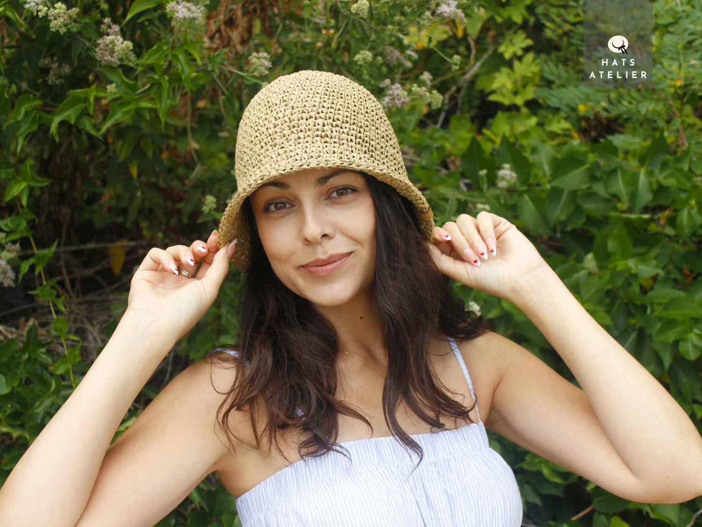 Boho straw bucket hat with medium brim, handwoven raffia