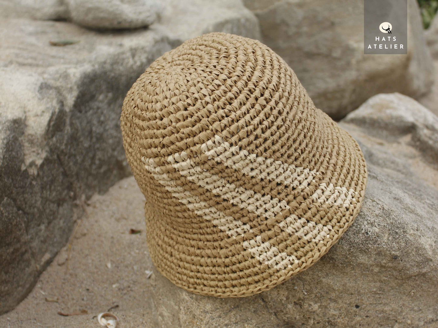 Boho crochet raffia bucket hat made from 100% natural straw