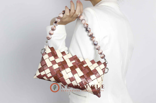 brown cream woven clutch with detachable beaded handle