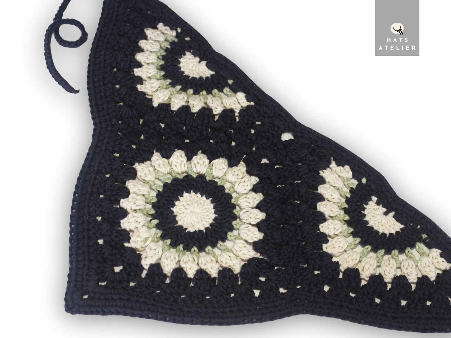 Crochet cotton boho bandana in black and sage green with modern boho crochet pattern