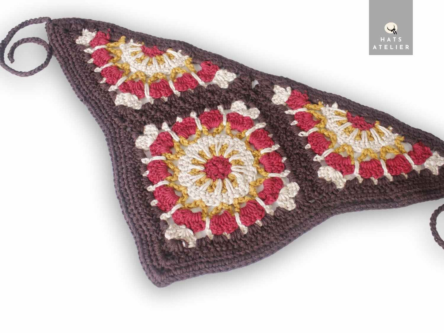 Crochet cotton boho bandana in burgundy and gold with ornamental floral crochet motif