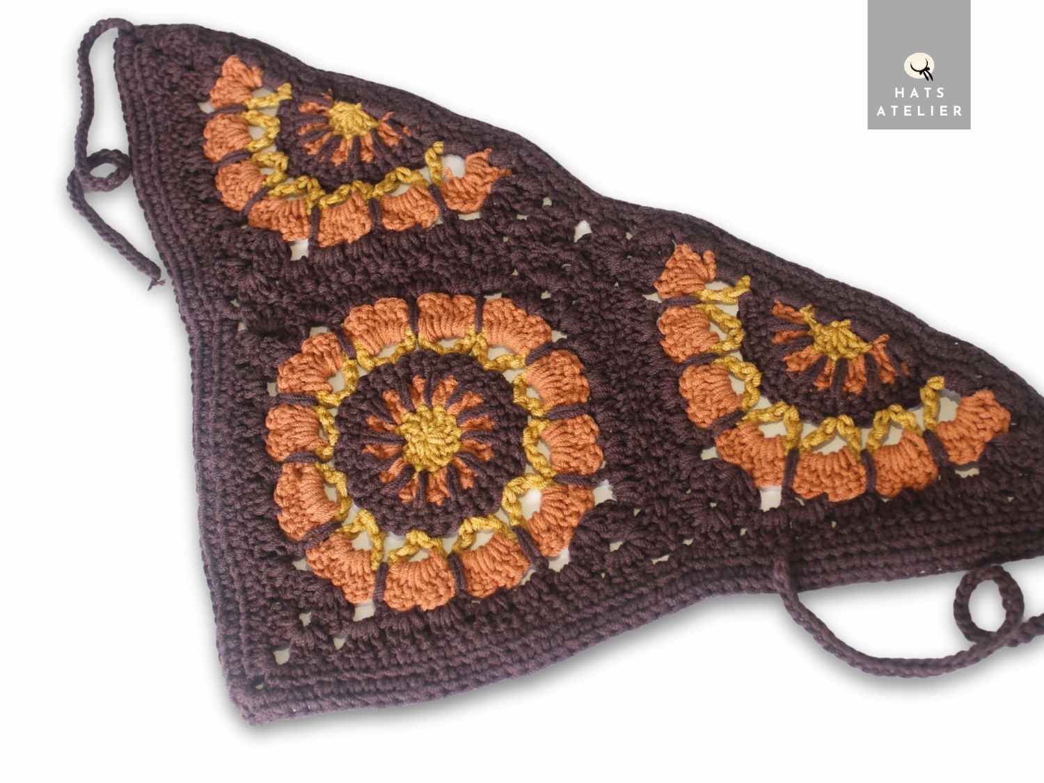 Crochet cotton boho bandana in burnt orange and mocha with warm-toned crochet design