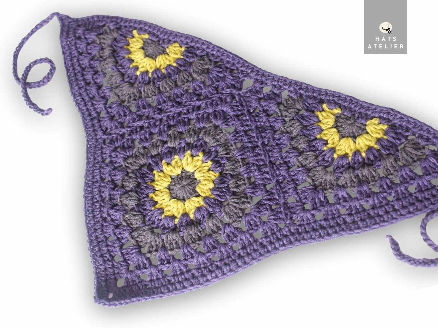 Crochet cotton boho bandana in lavender and sunflower yellow with handmade floral pattern