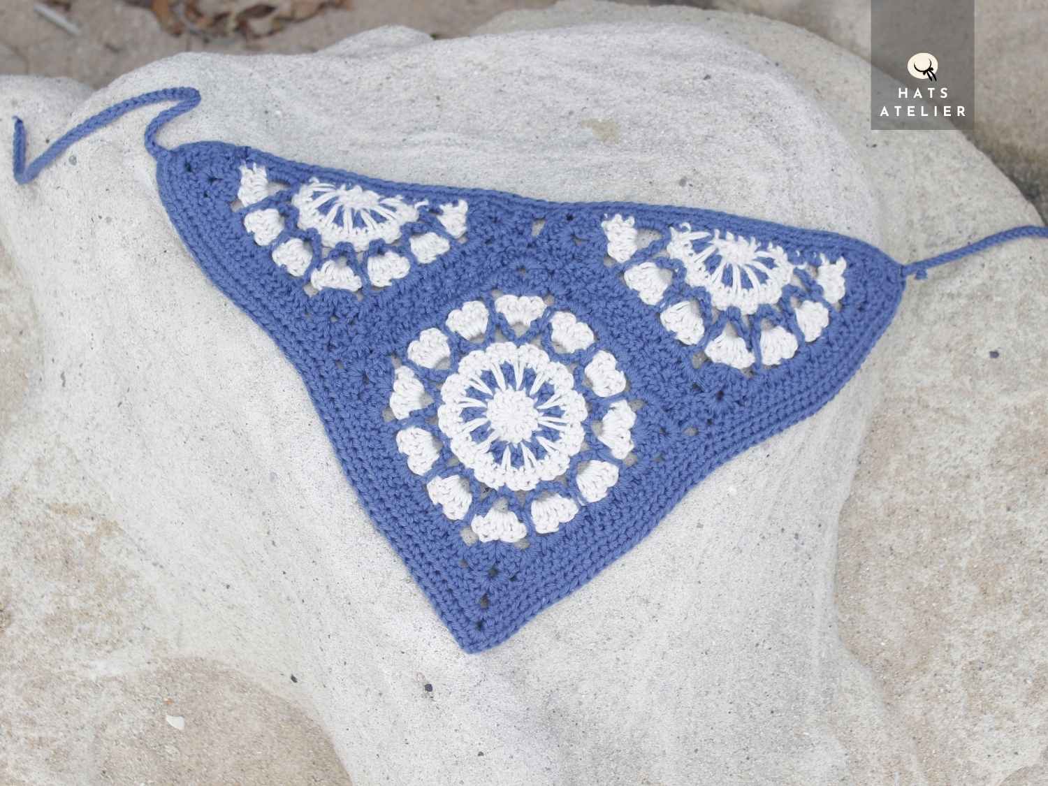 Crochet cotton boho bandana in light blue and white with delicate handmade crochet
