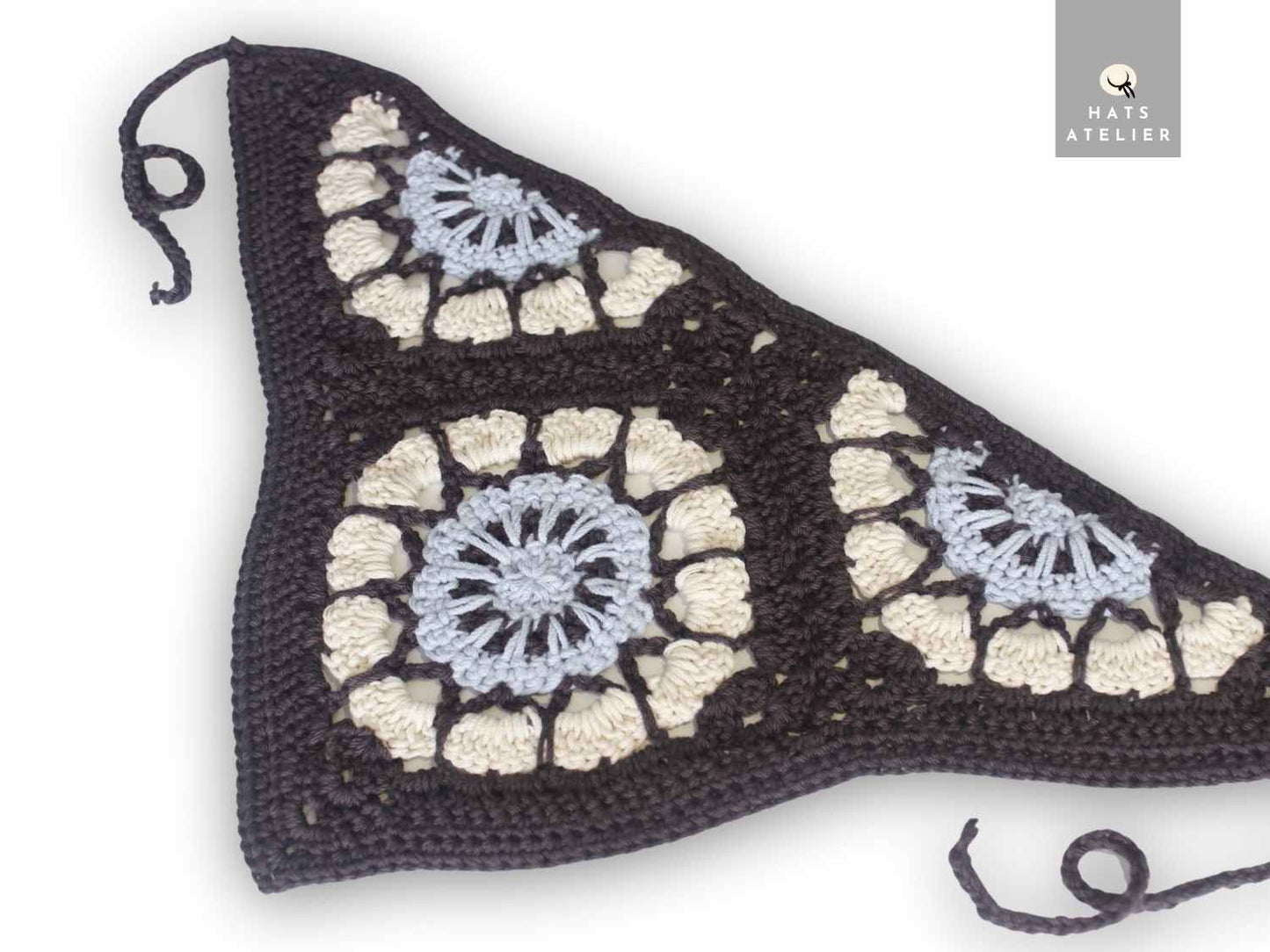 Crochet cotton boho bandana in mocha and ice gray with minimalist handmade crochet motif