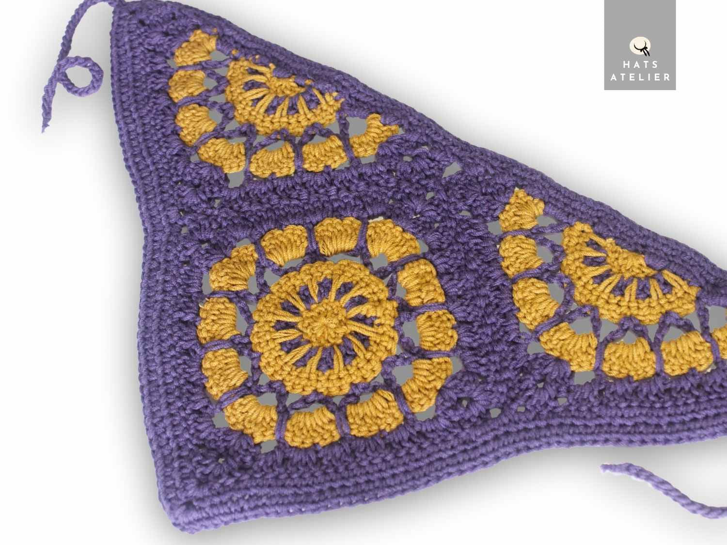Crochet cotton boho bandana in purple and mustard with bold handmade floral crochet