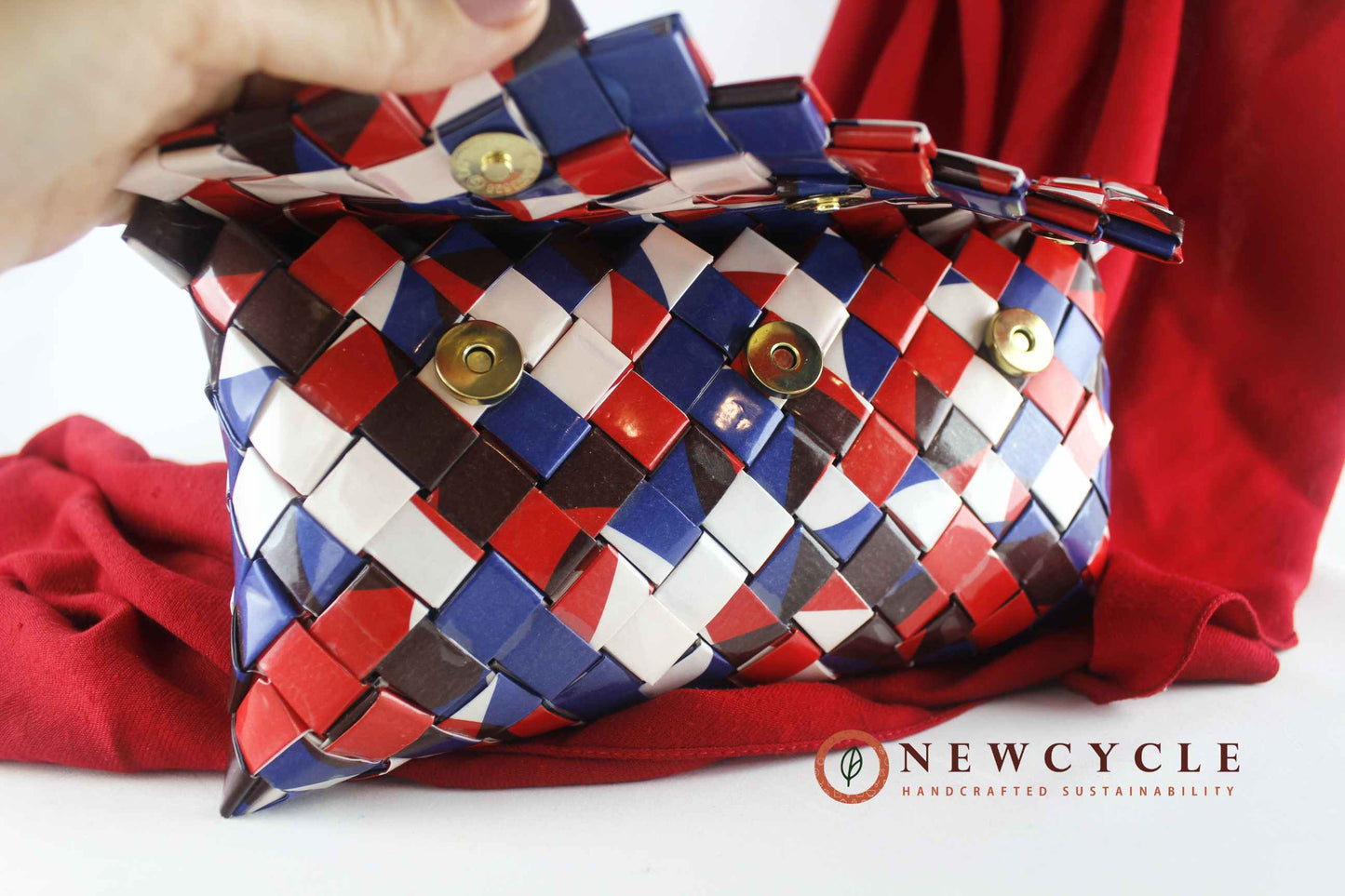 eco friendly upcycled purse red blue white