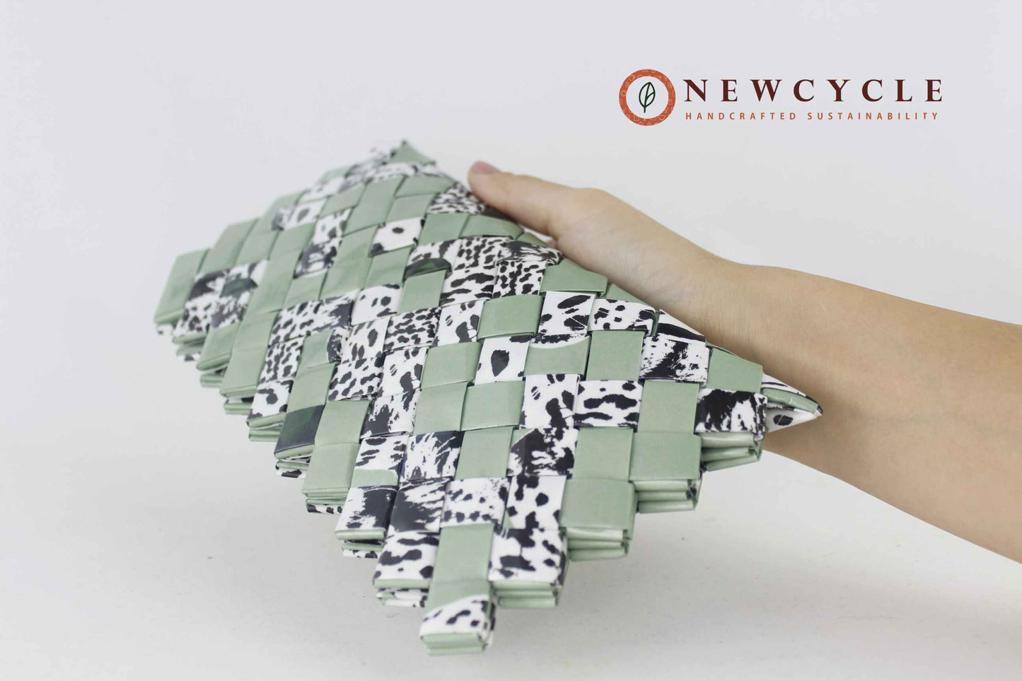 eco friendly woven clutch sage green animal print upcycled materials