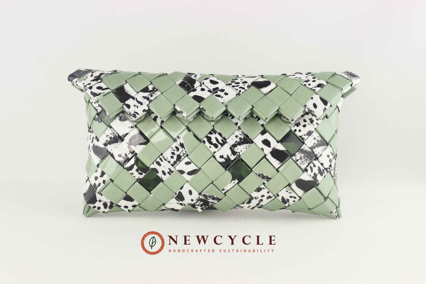 Upcycled green mosaic clutch with animal print – handmade purse