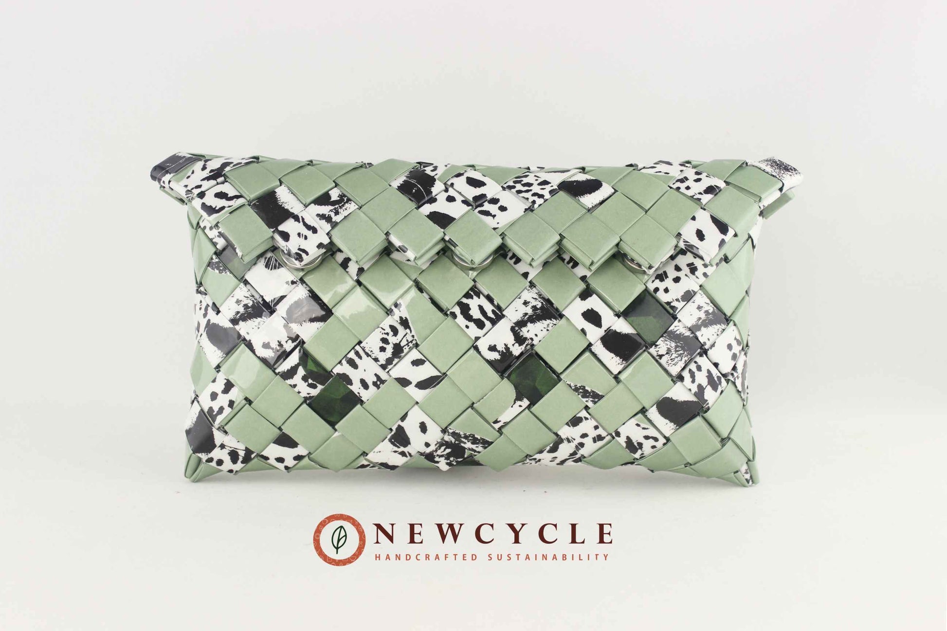 Upcycled green mosaic clutch with animal print – handmade purse
