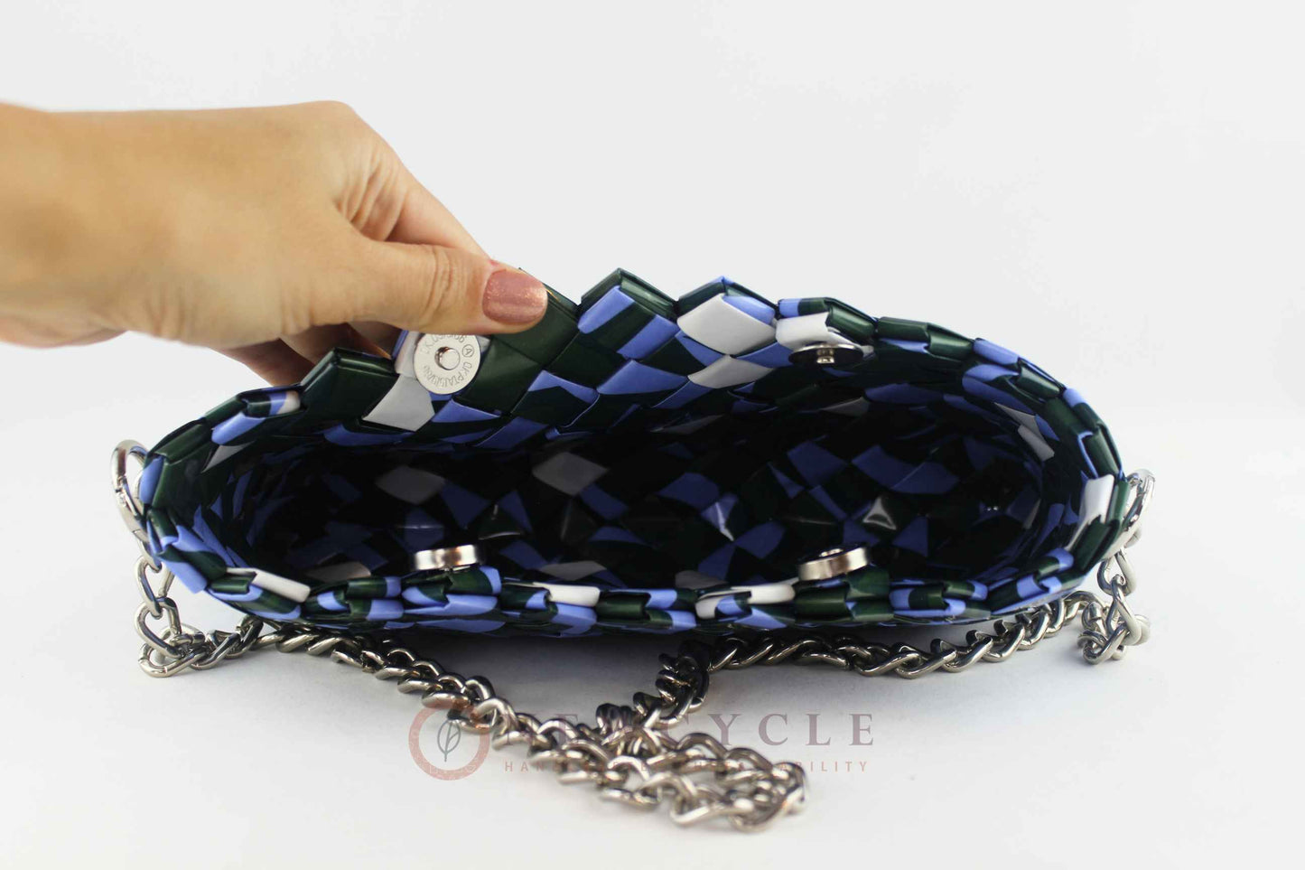 inside view of green lilac upcycled woven handbag
