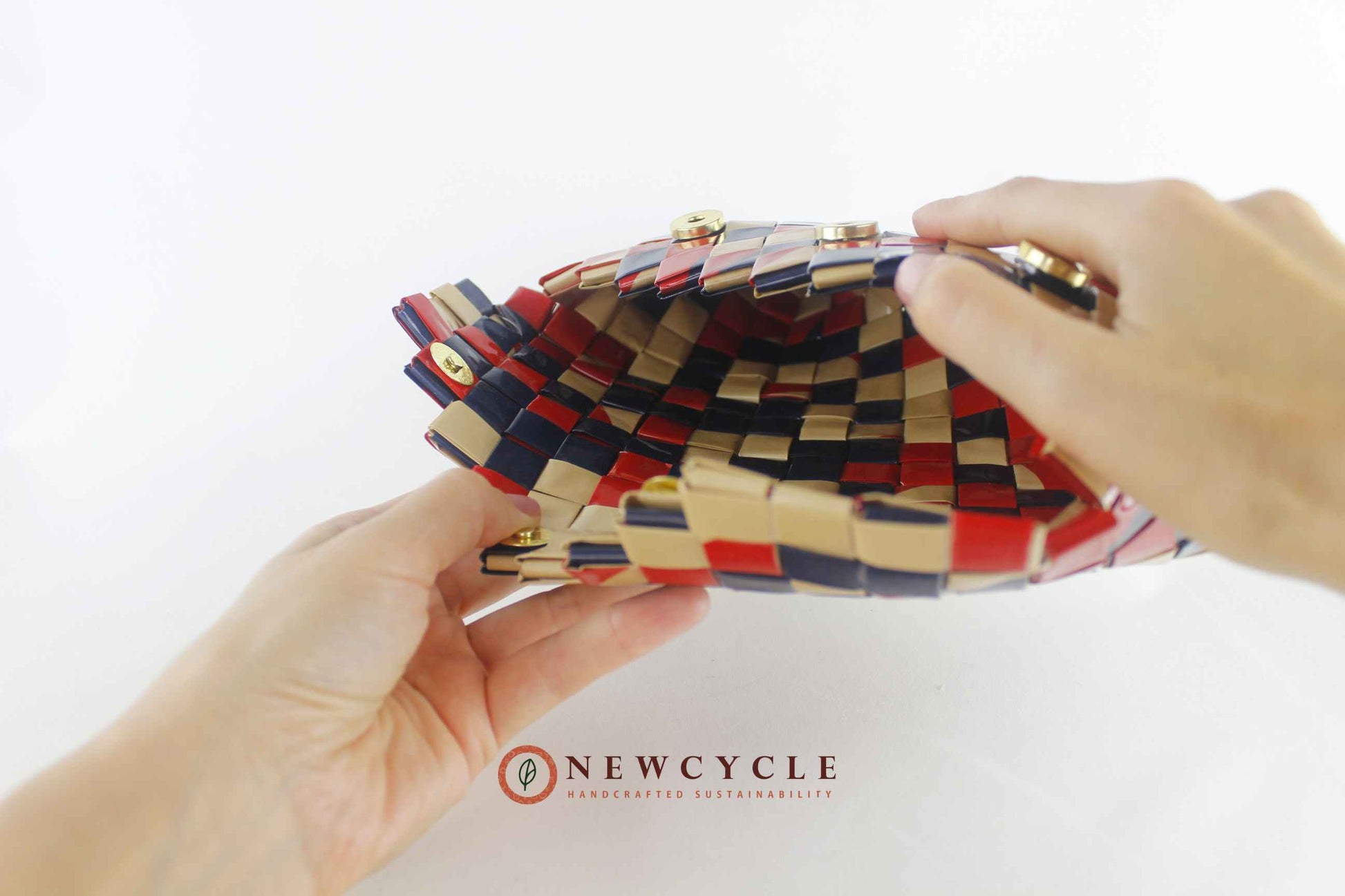 woven mosaic clutch red navy cream opening detail
