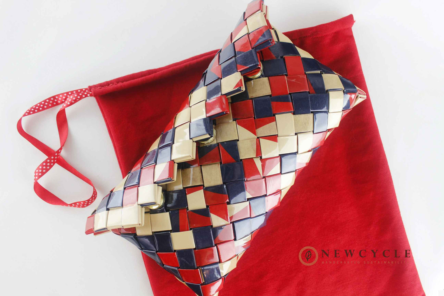 mosaic woven clutch red navy cream eco handmade
