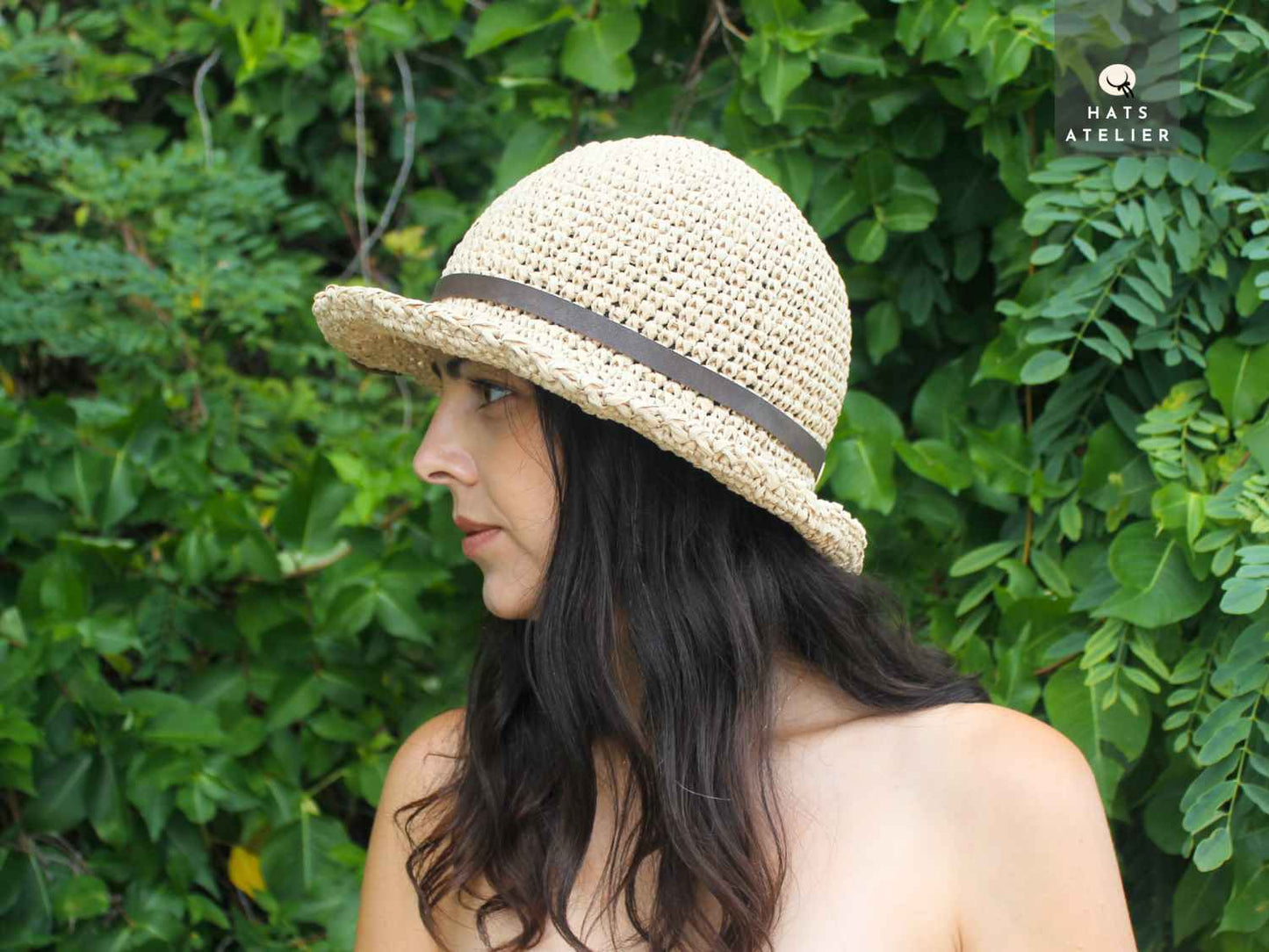 natural straw crochet hat side view medium brim