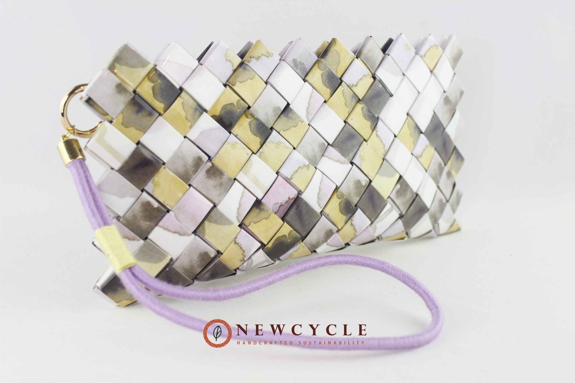 Pastel mosaic woven clutch with wristlet strap – upcycled handmade purse