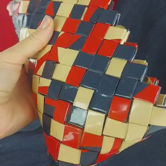 Angled view of red navy cream mosaic woven purse video