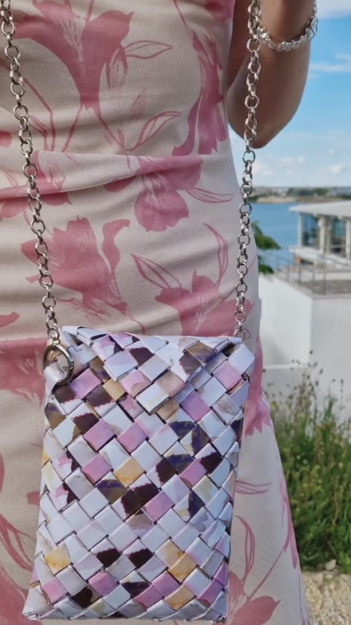 lightweight upcycled woven bag worn outdoors video