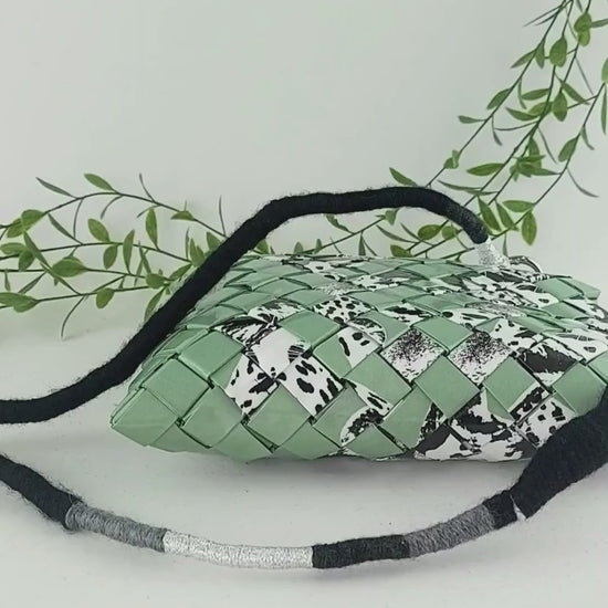 woven sage green animal print shoulder bag video still