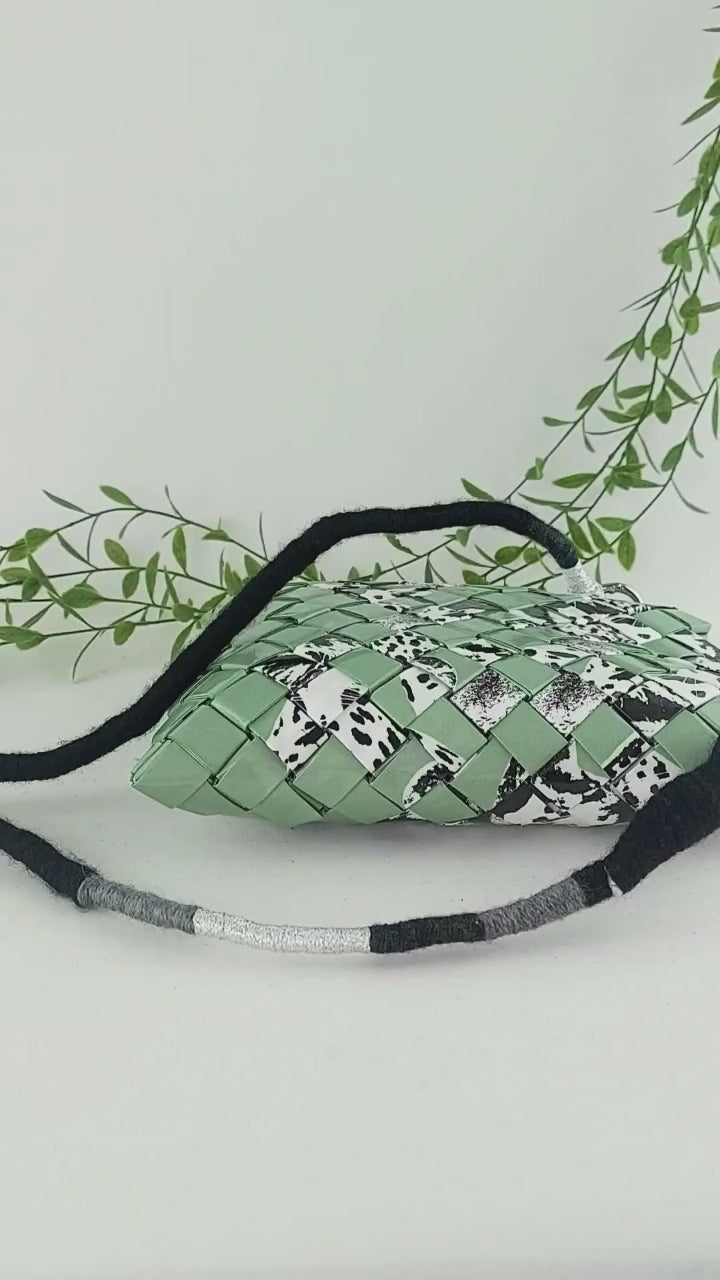 woven sage green animal print shoulder bag video still