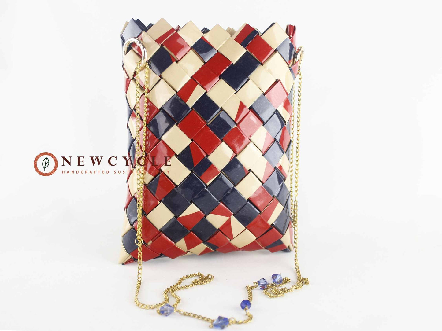 Red navy beige handwoven crossbody bag with gold chain and bead accents