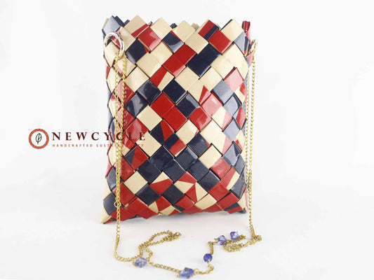 Red navy beige handwoven crossbody bag with gold chain and bead accents