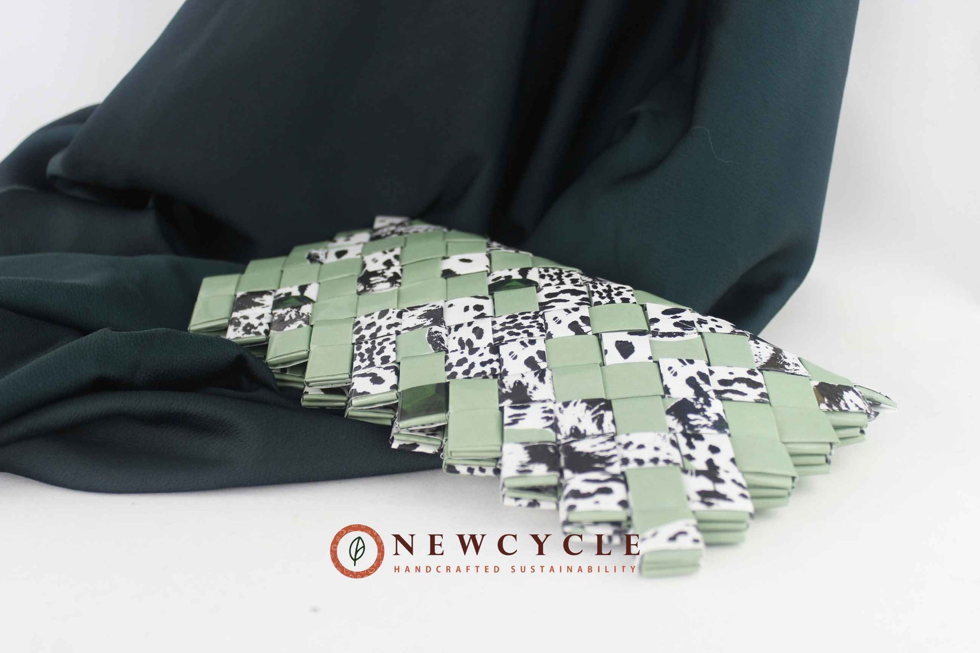 sage green animal print woven clutch upcycled handmade purse
