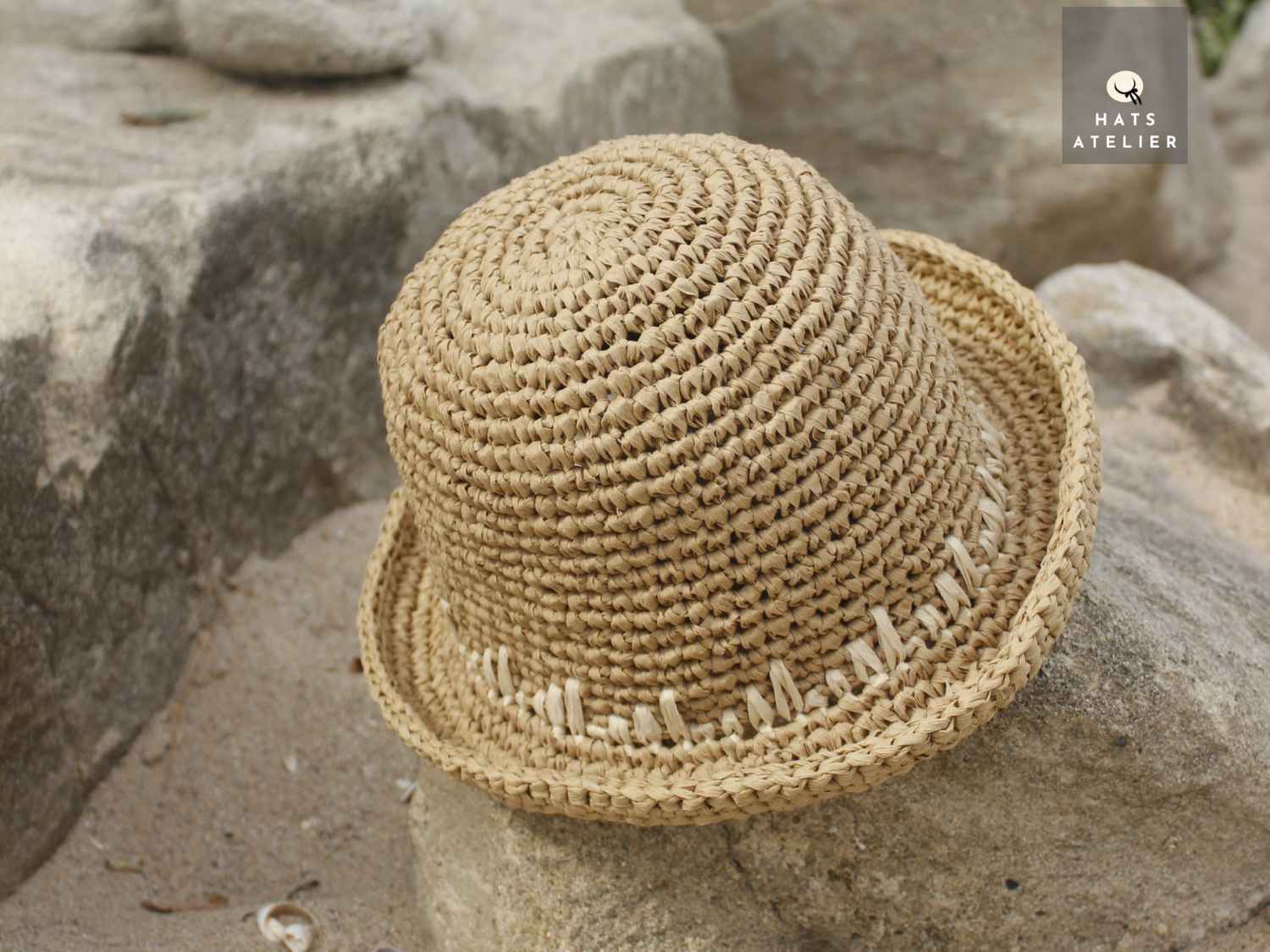 Handwoven short brim crochet raffia hat made from 100% natural straw