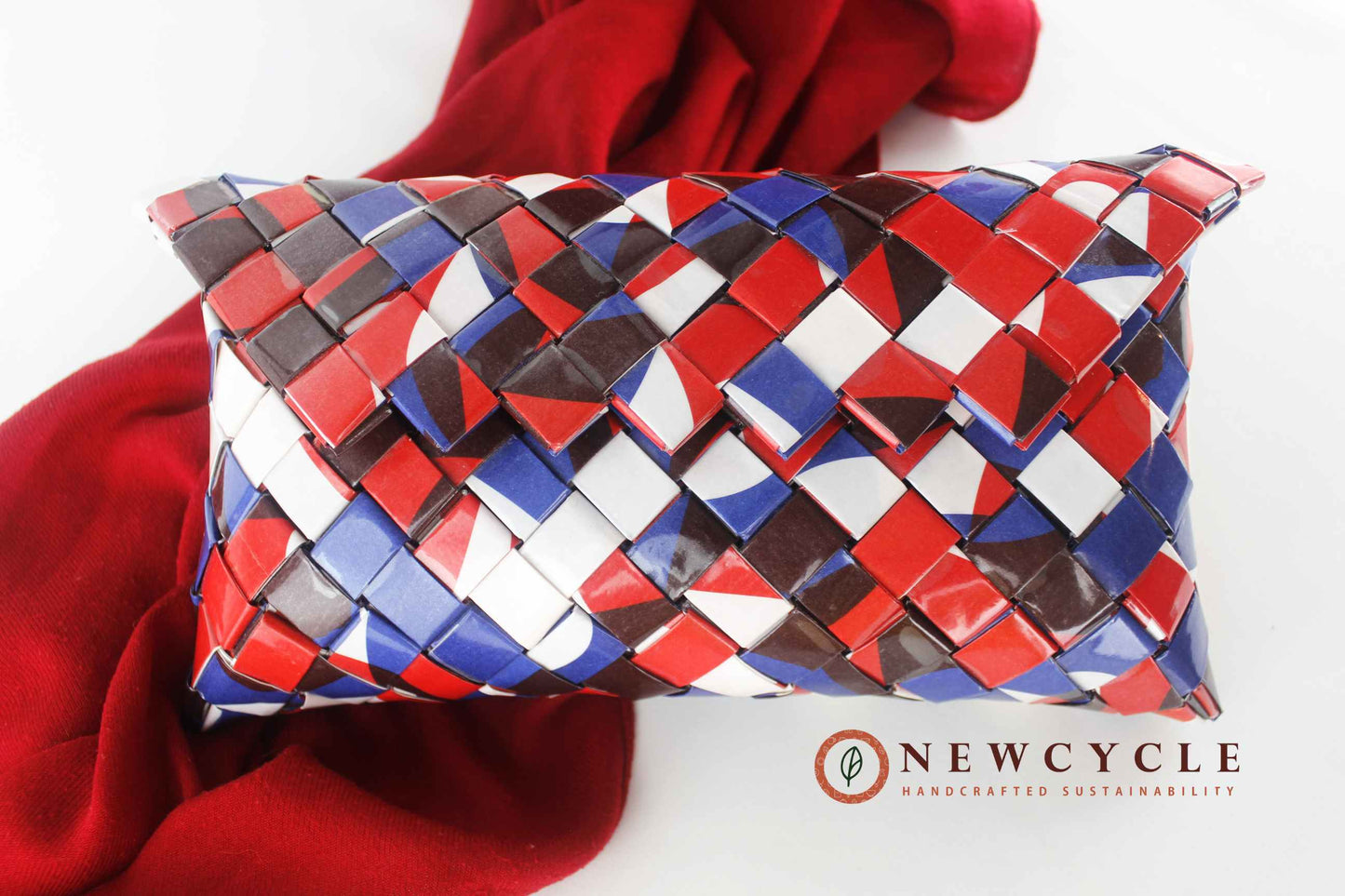 upcycled clutch red blue white mosaic
