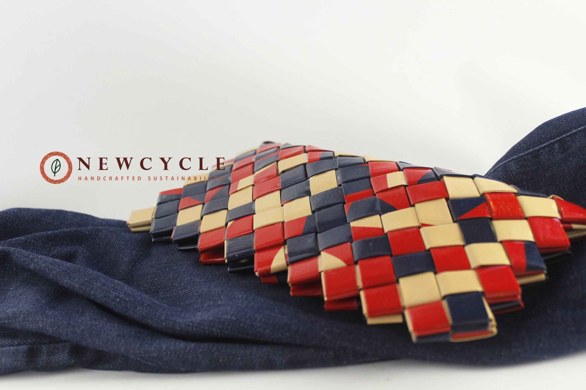 upcycled handmade clutch navy red sand