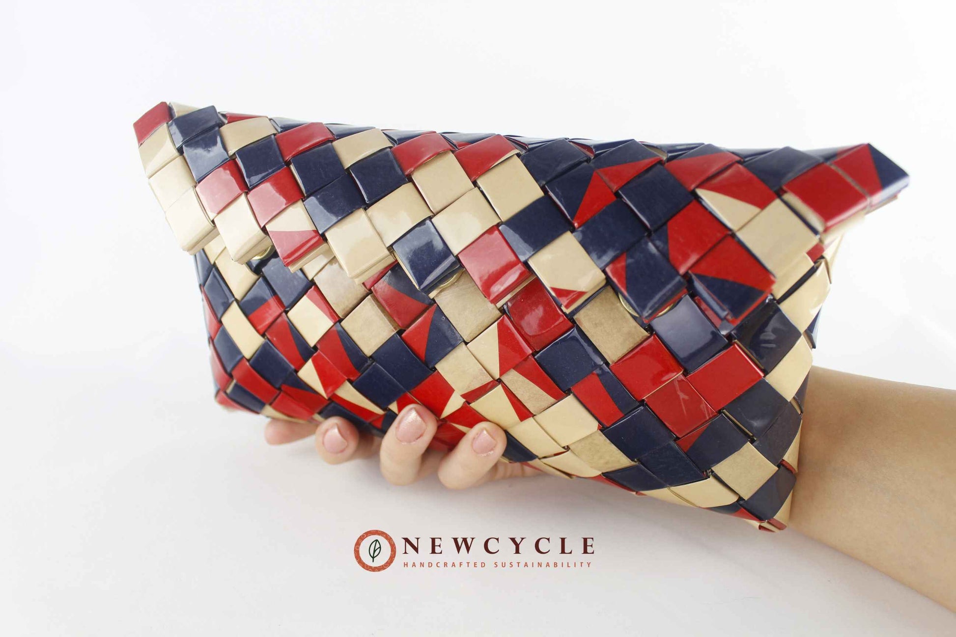 upcycled woven clutch red navy cream front view