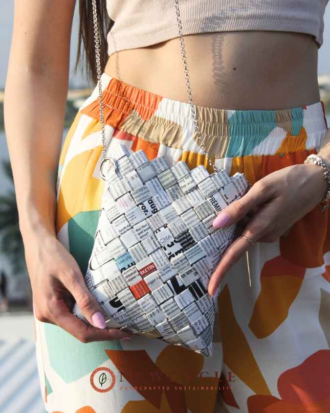 Eco-friendly woven purse made from newspaper strips – white upcycled crossbody bag