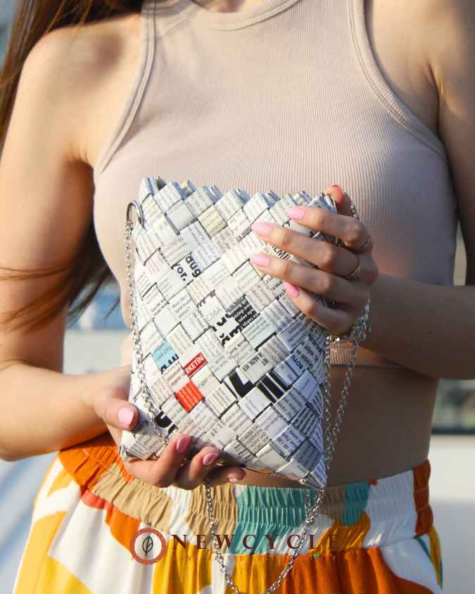 Handmade white newspaper woven bag with chain strap – eco-friendly upcycled purse