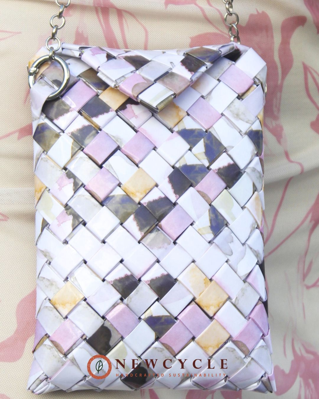 handcrafted upcycled bag in lilac marble tones